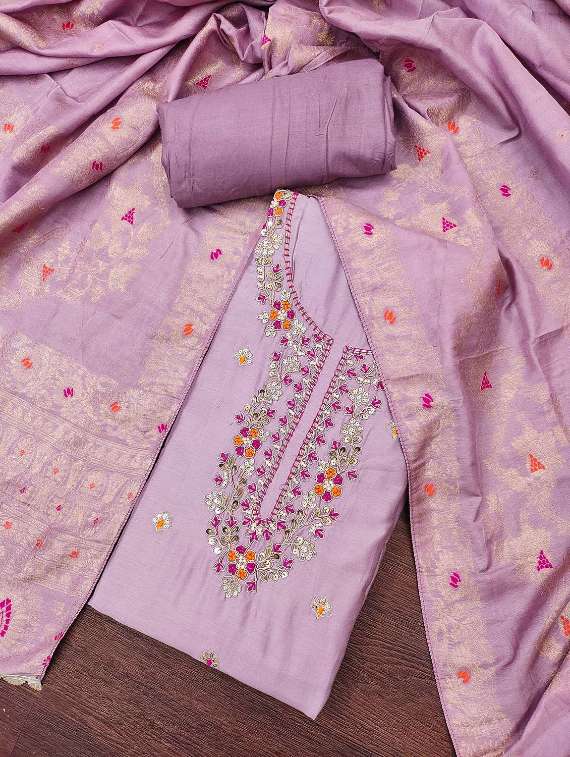 women solid with work unstitched suit set