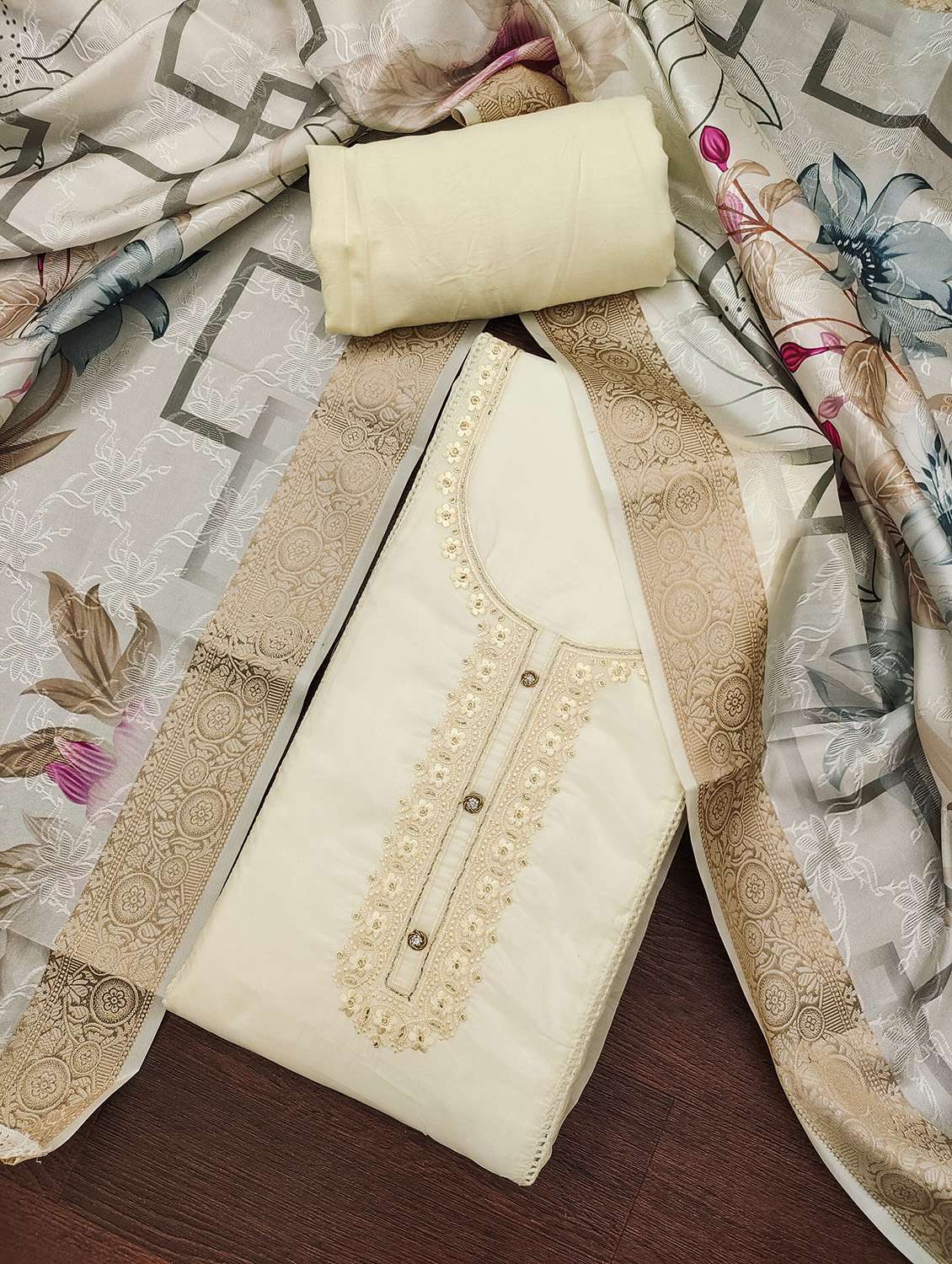 women solid with work unstitched suit set