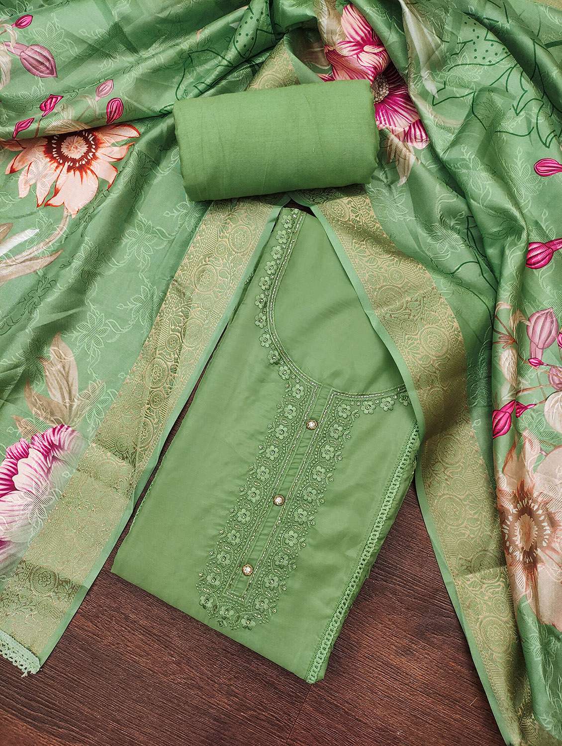 women solid with work unstitched suit set