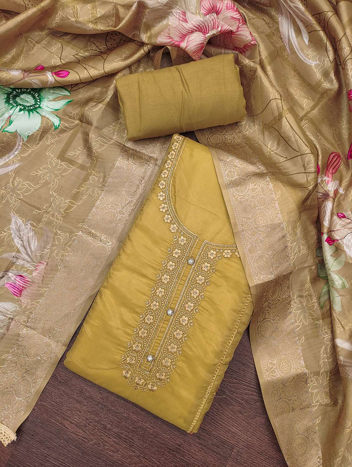 women solid with work unstitched suit set