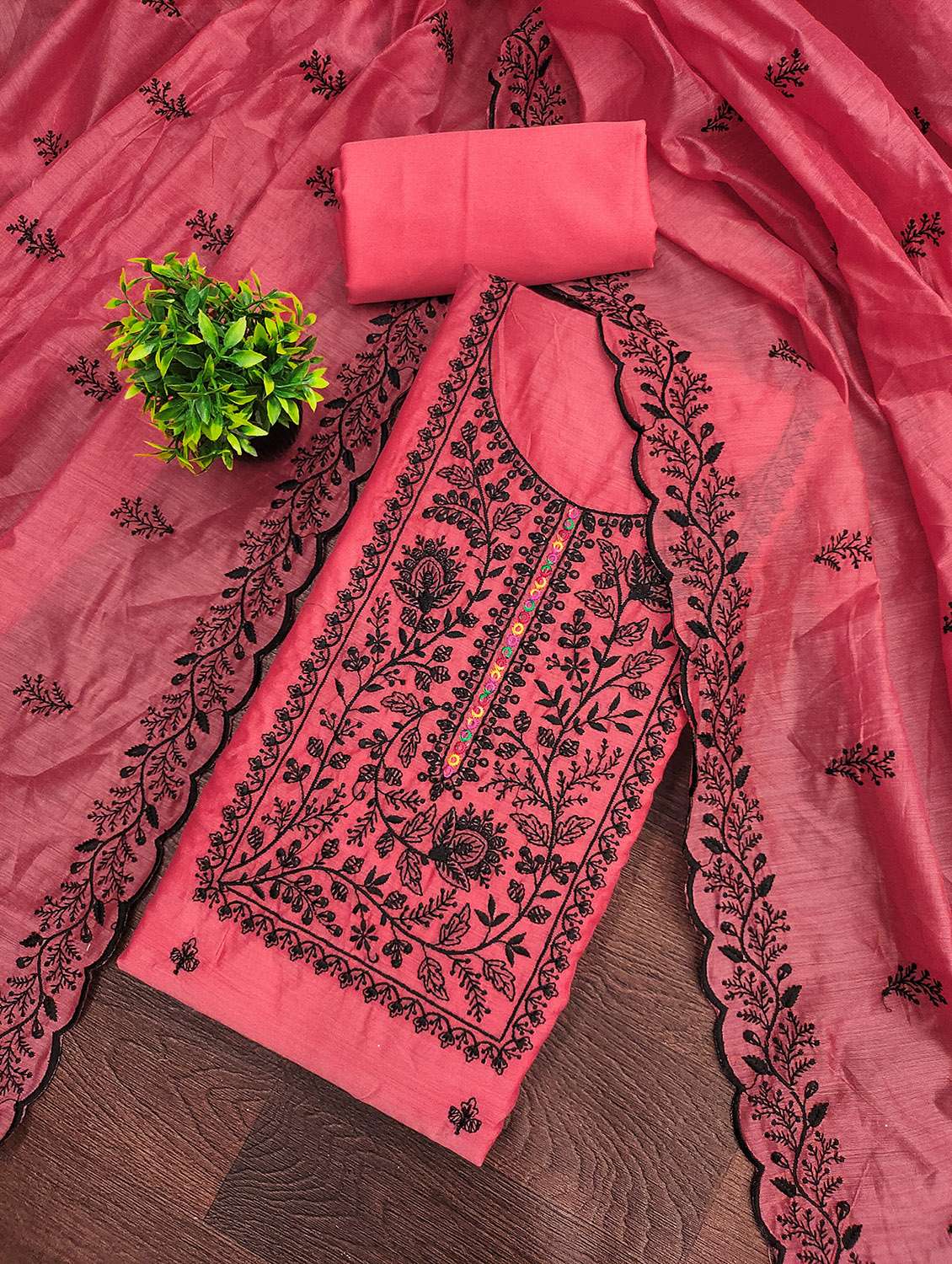 women solid with work unstitched suit set