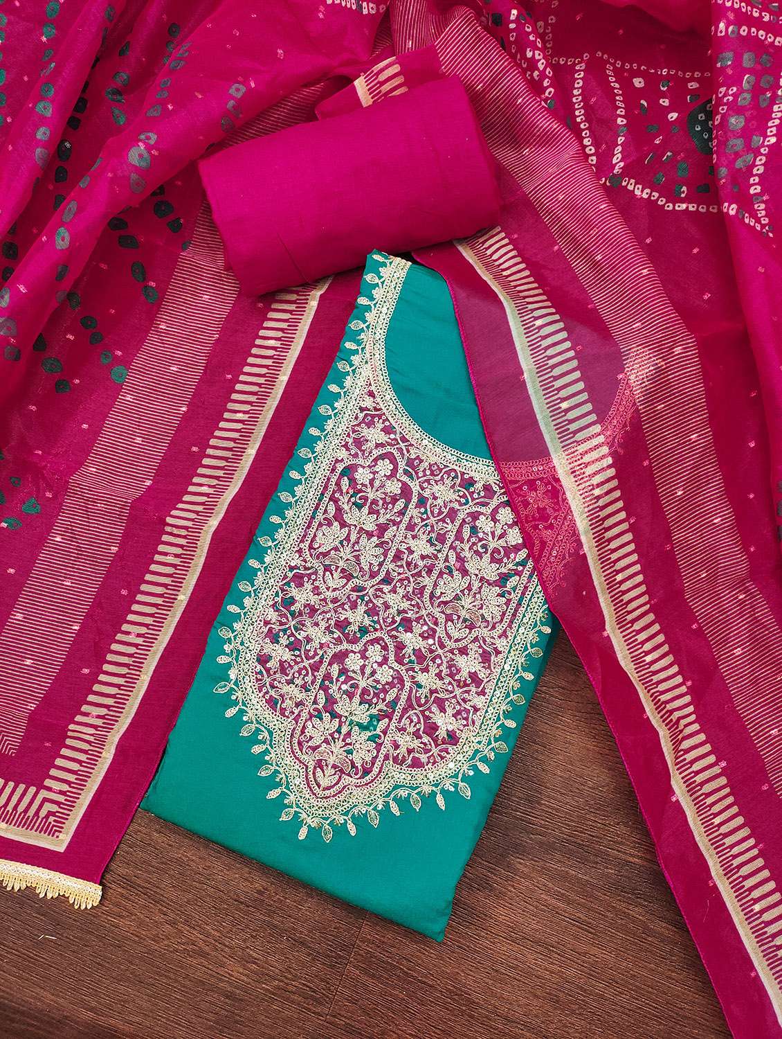 women solid with work unstitched suit set