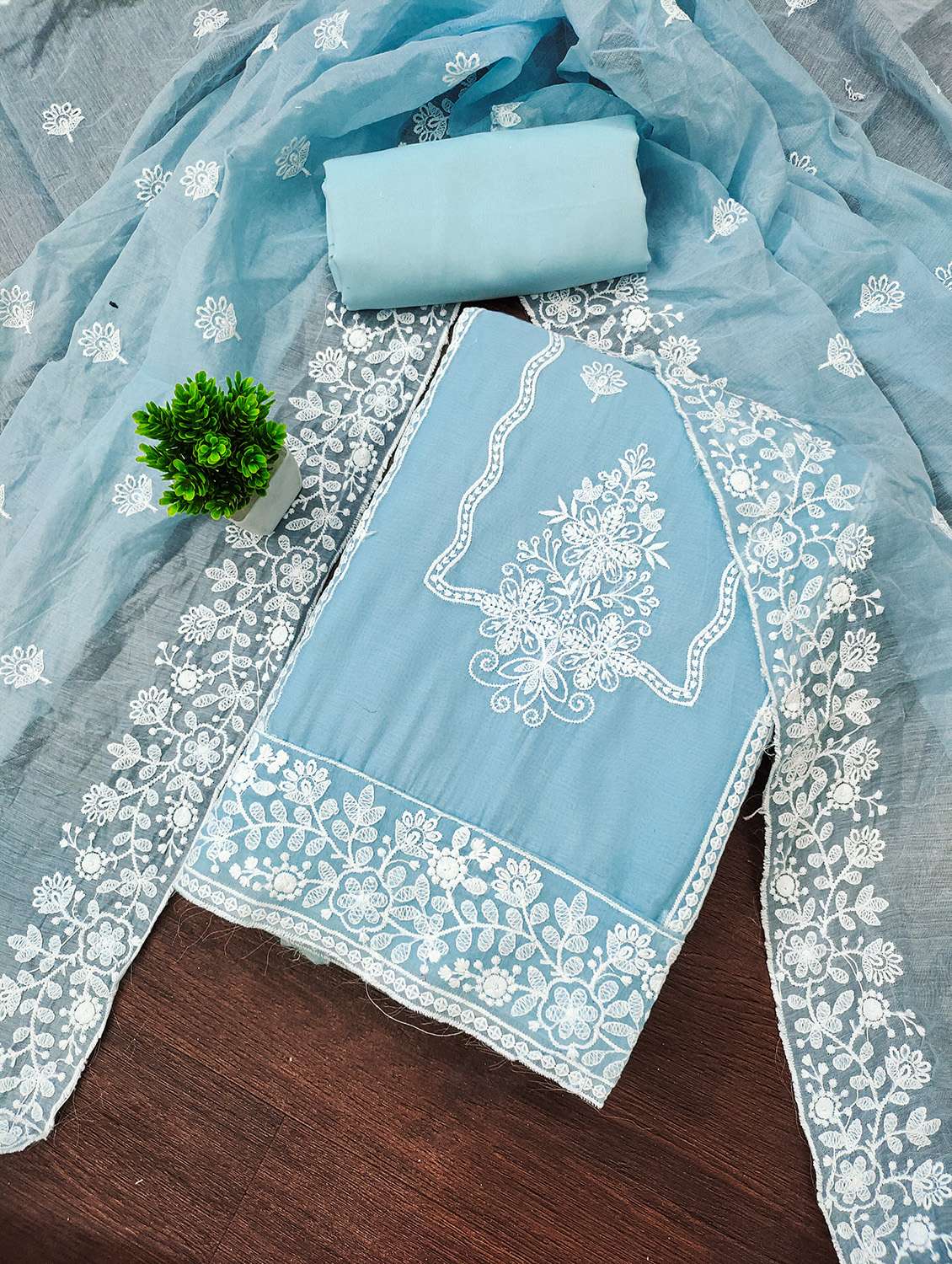 women solid with work unstitched suit set