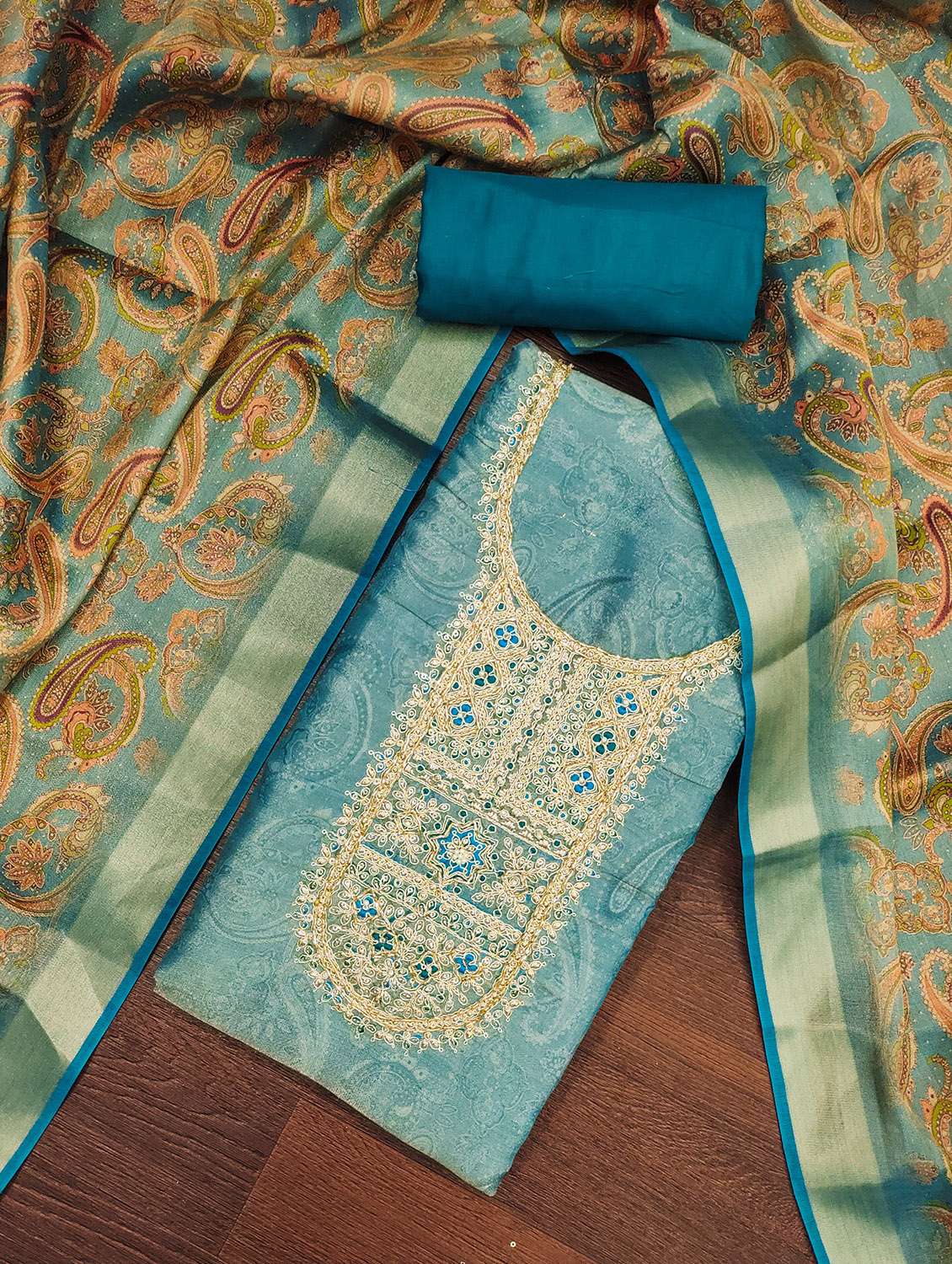 women paisley embroidered unstitched suit set