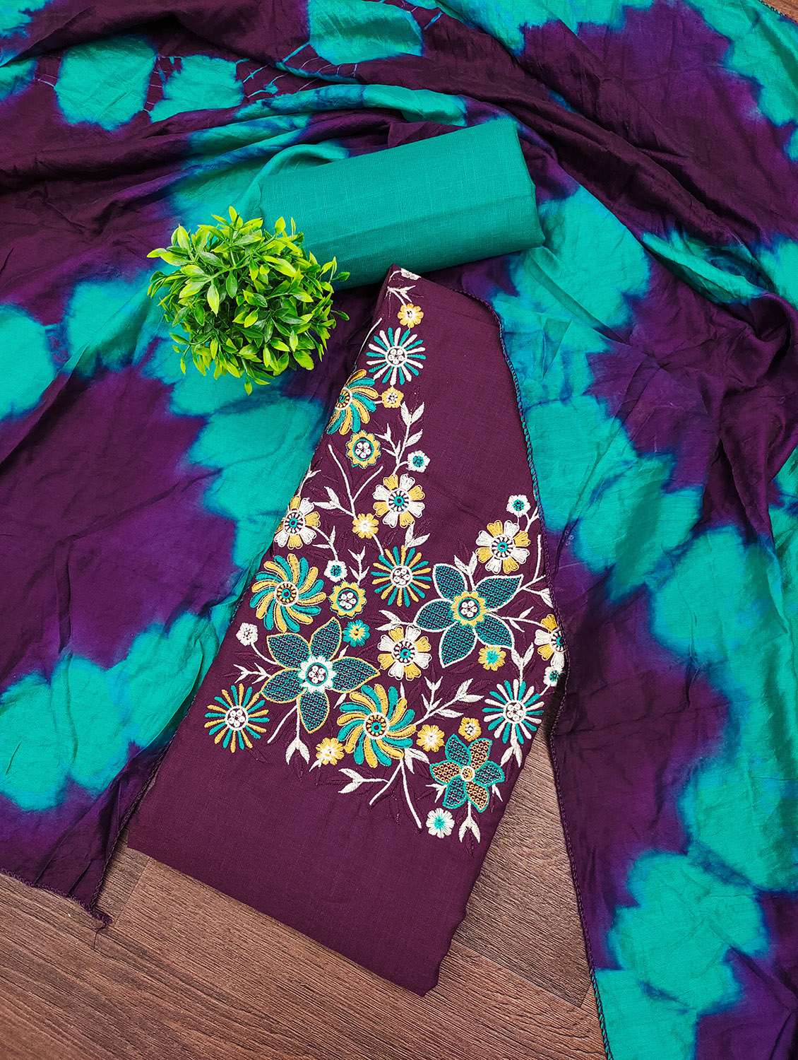 women solid with work unstitched suit set