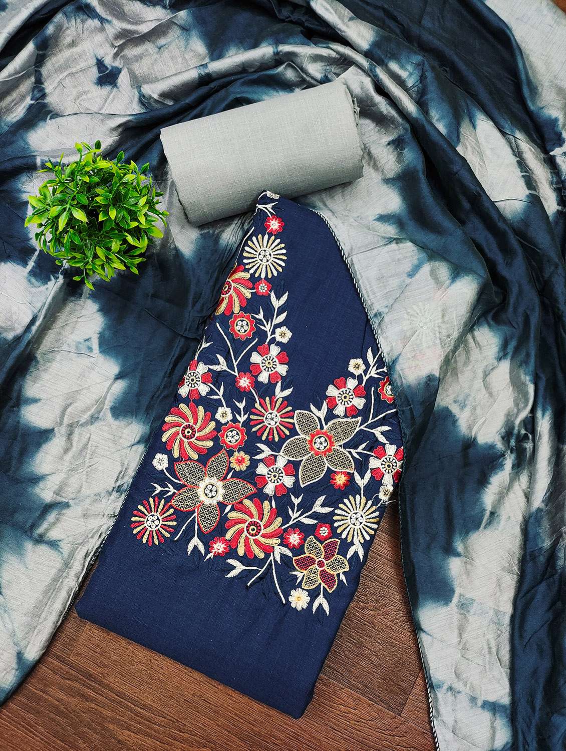 women solid with work unstitched suit set