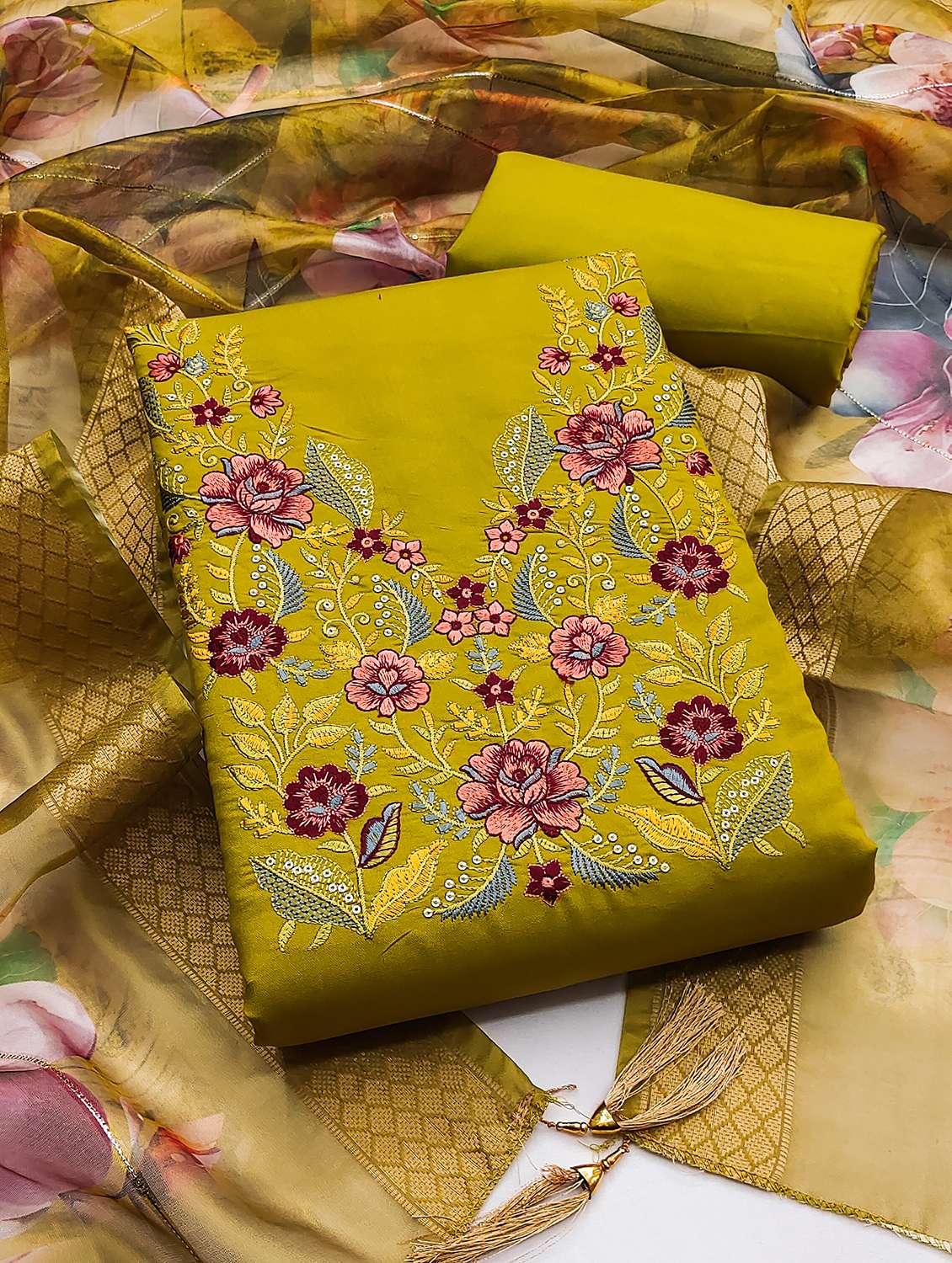 women solid with work unstitched suit set