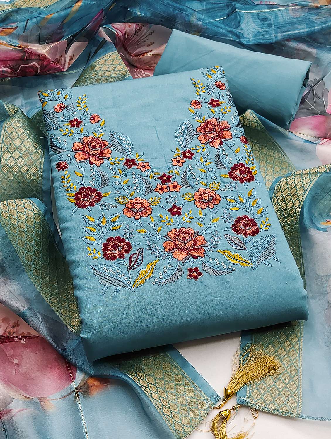 women solid with work unstitched suit set