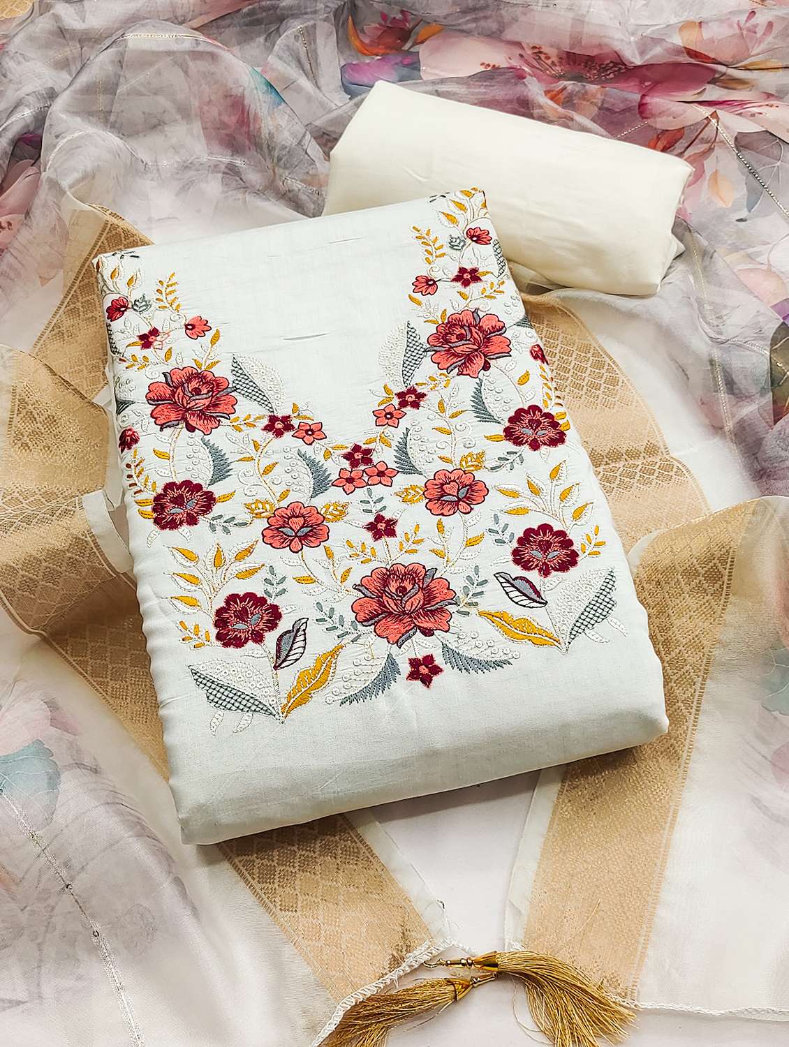 women solid with work unstitched suit set