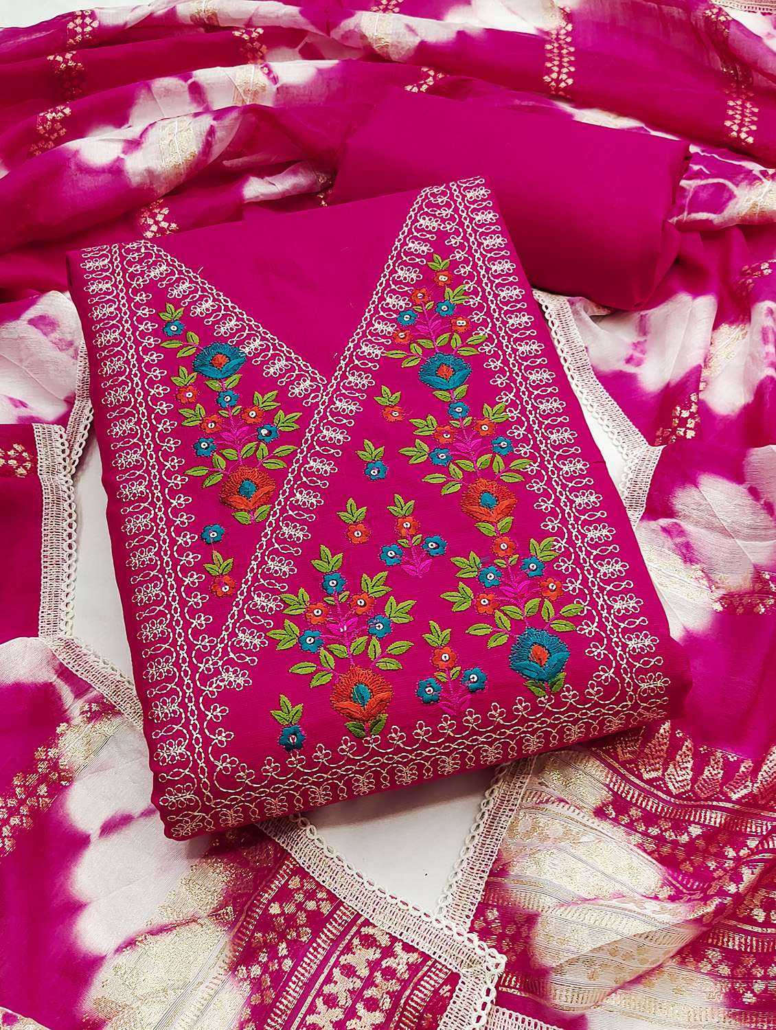 women solid with work unstitched suit set