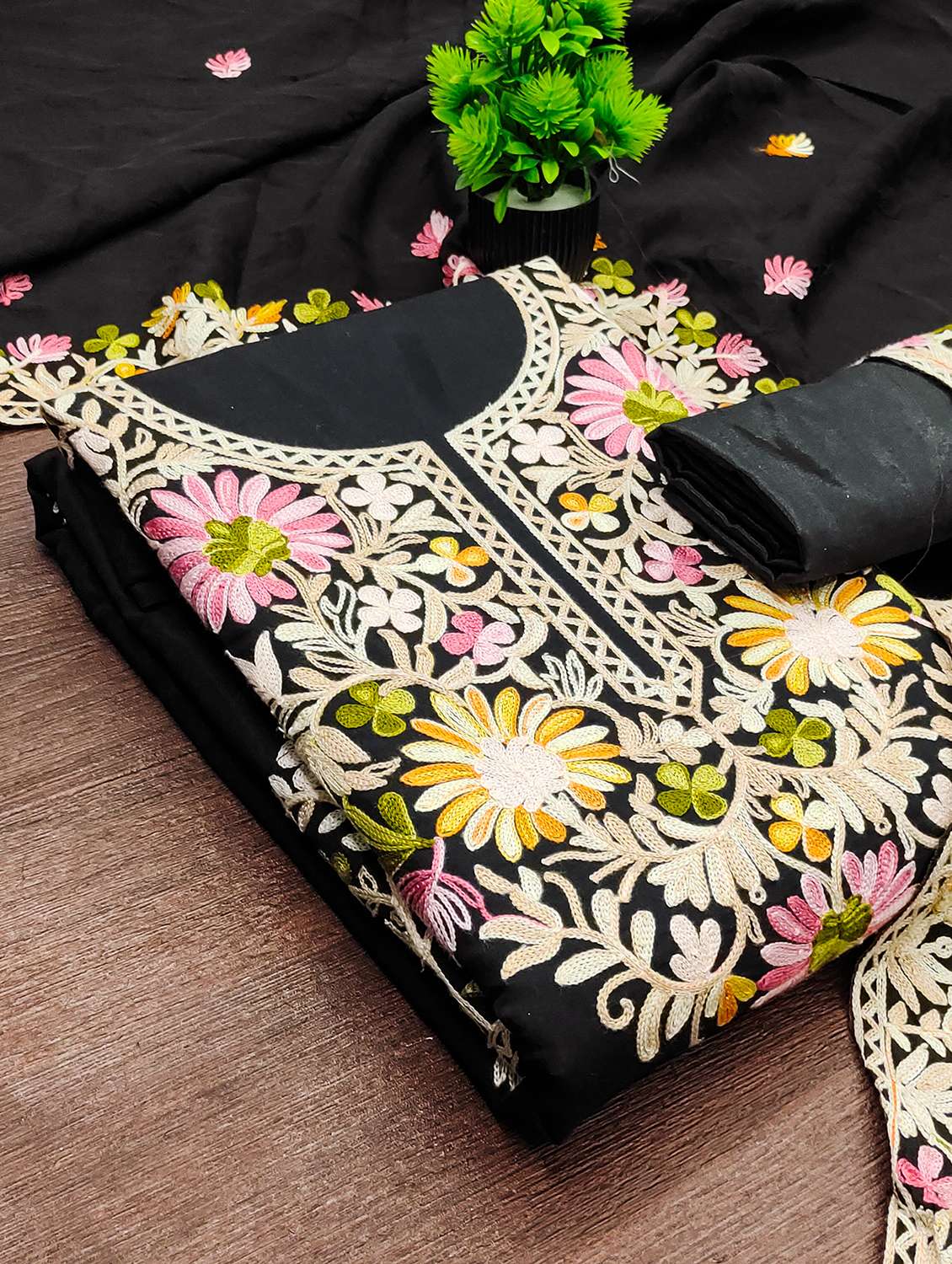 women solid with work unstitched suit set