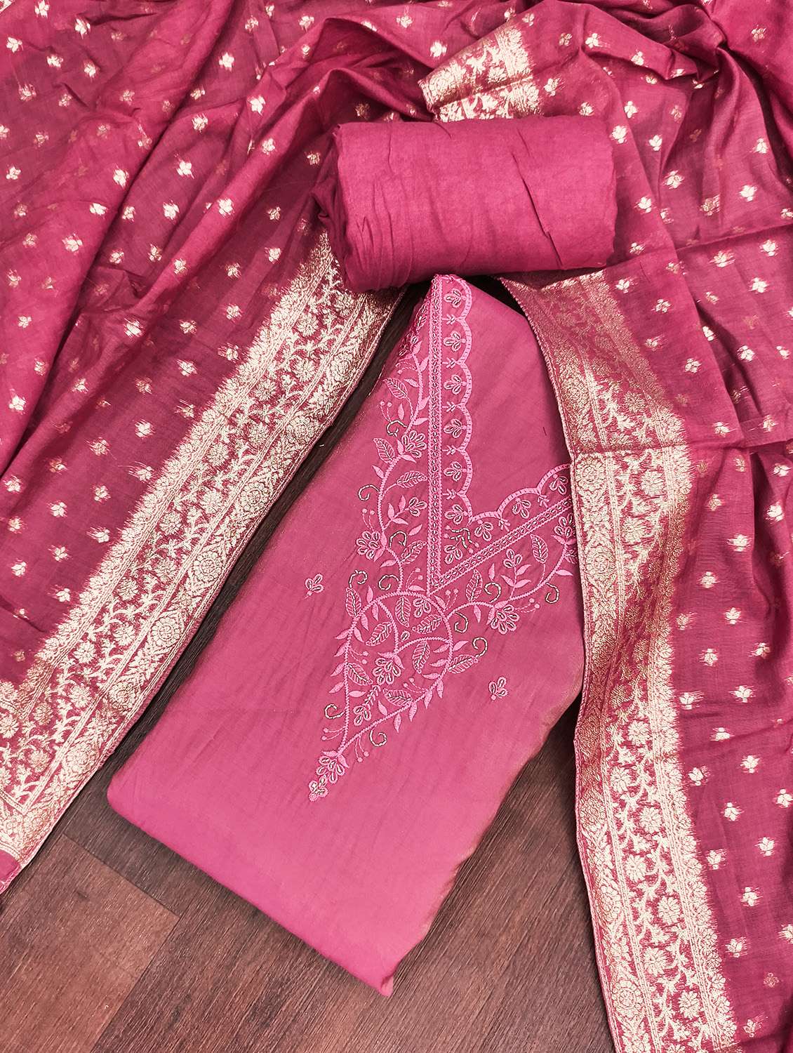women solid with work unstitched suit set