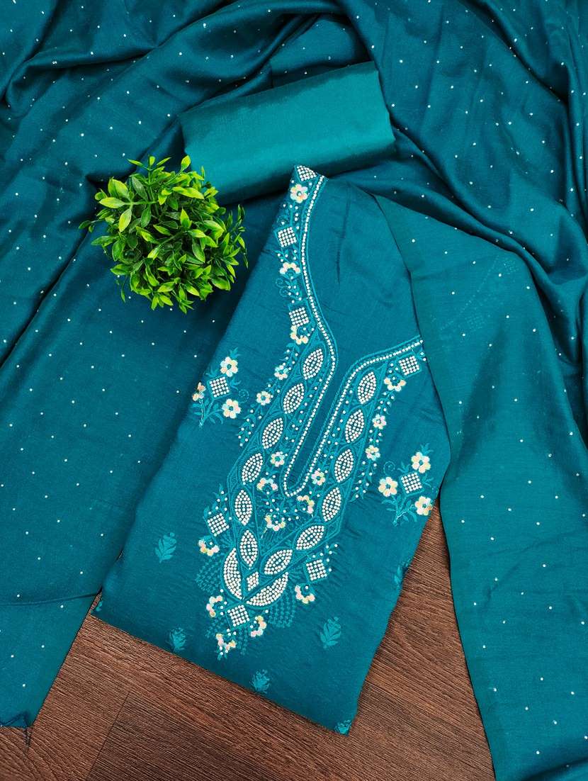 women solid with work unstitched suit set