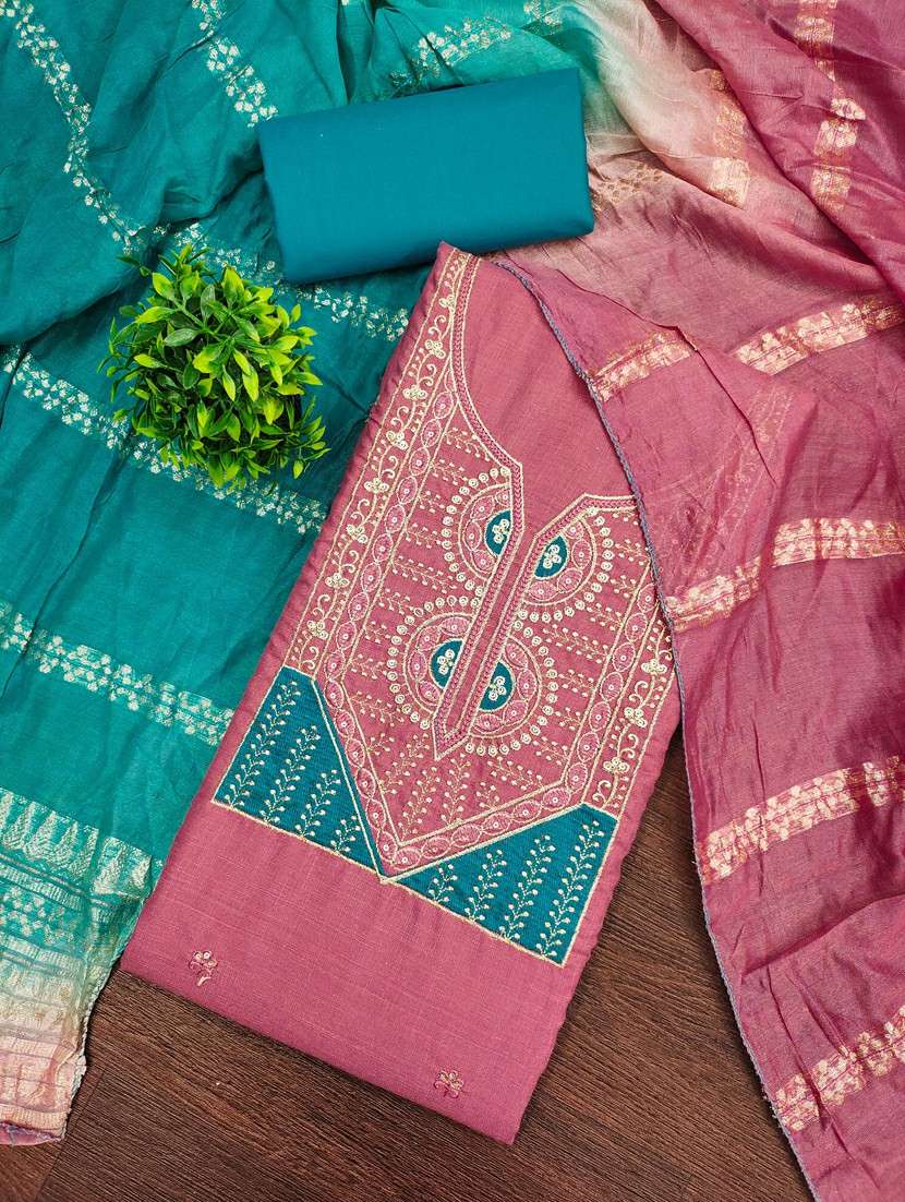 women solid with work unstitched suit set