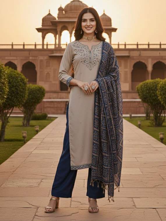 women solid with work unstitched suit set
