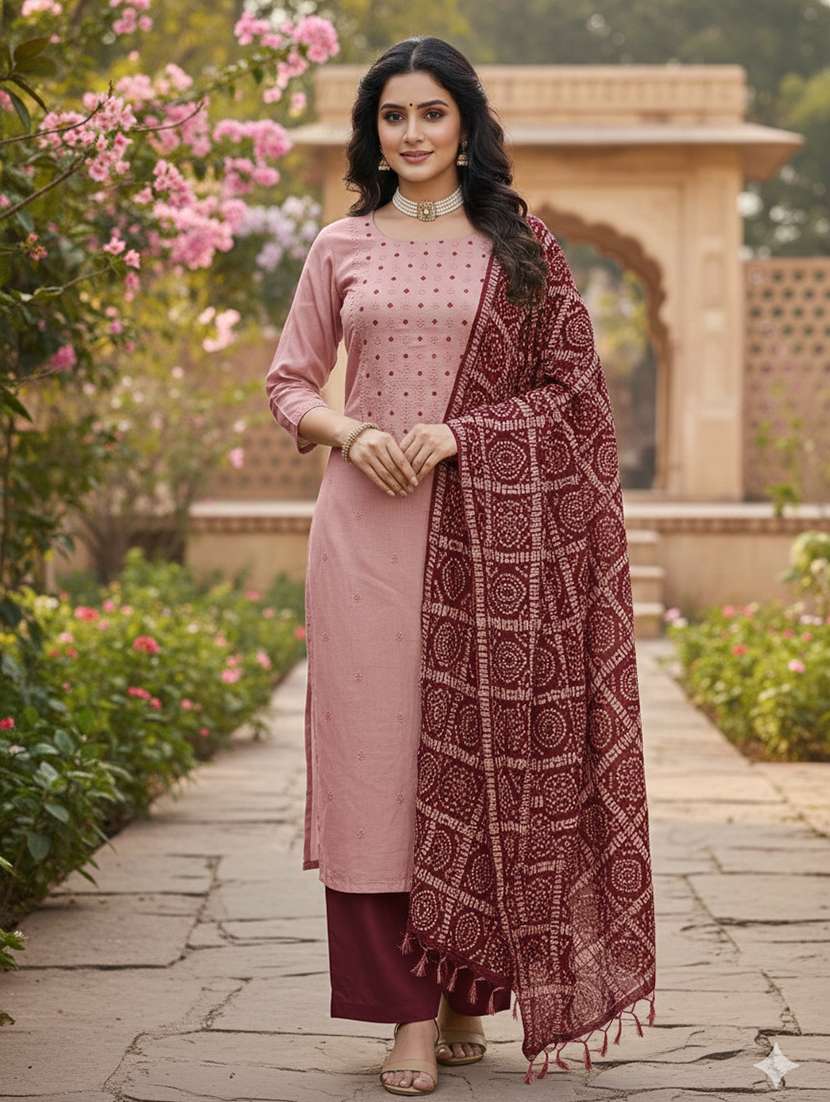 women solid with work unstitched suit set