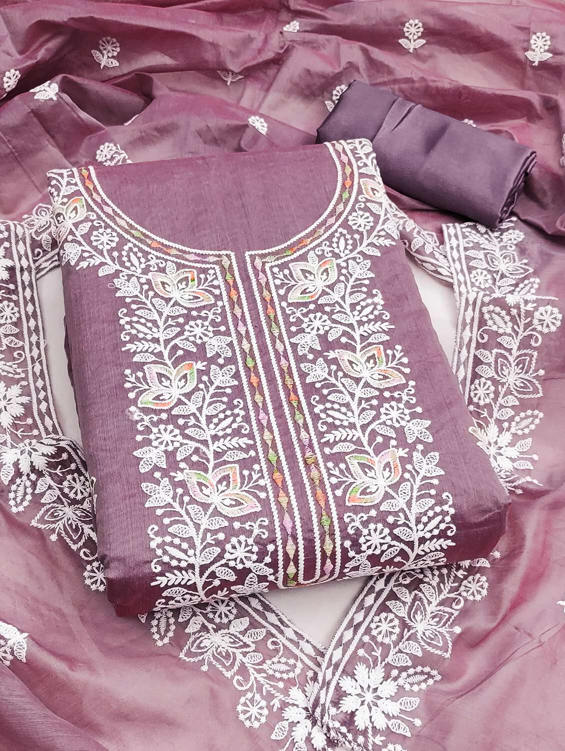 women solid with work unstitched suit set