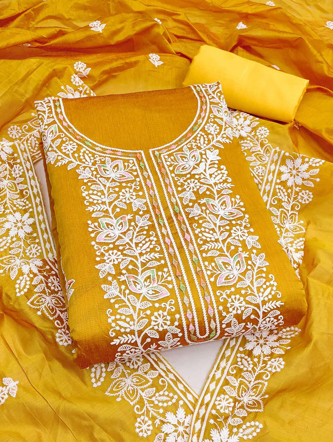 women solid with work unstitched suit set