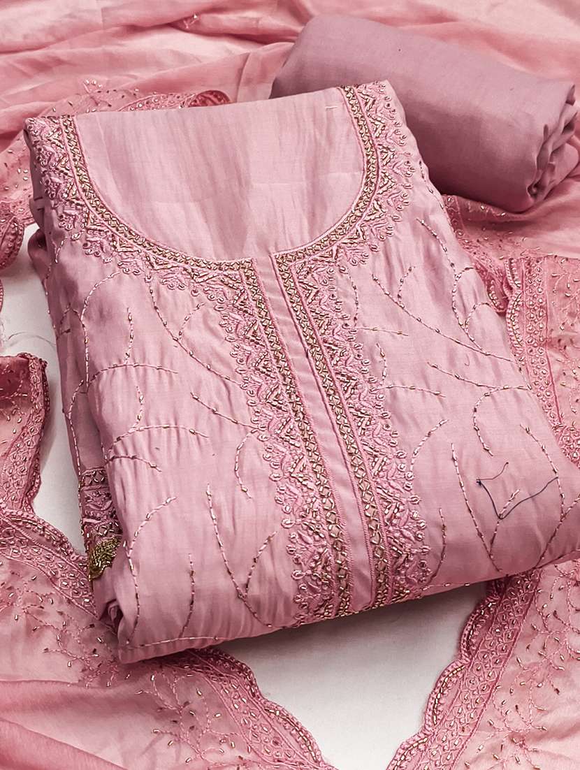 women solid with work unstitched suit set