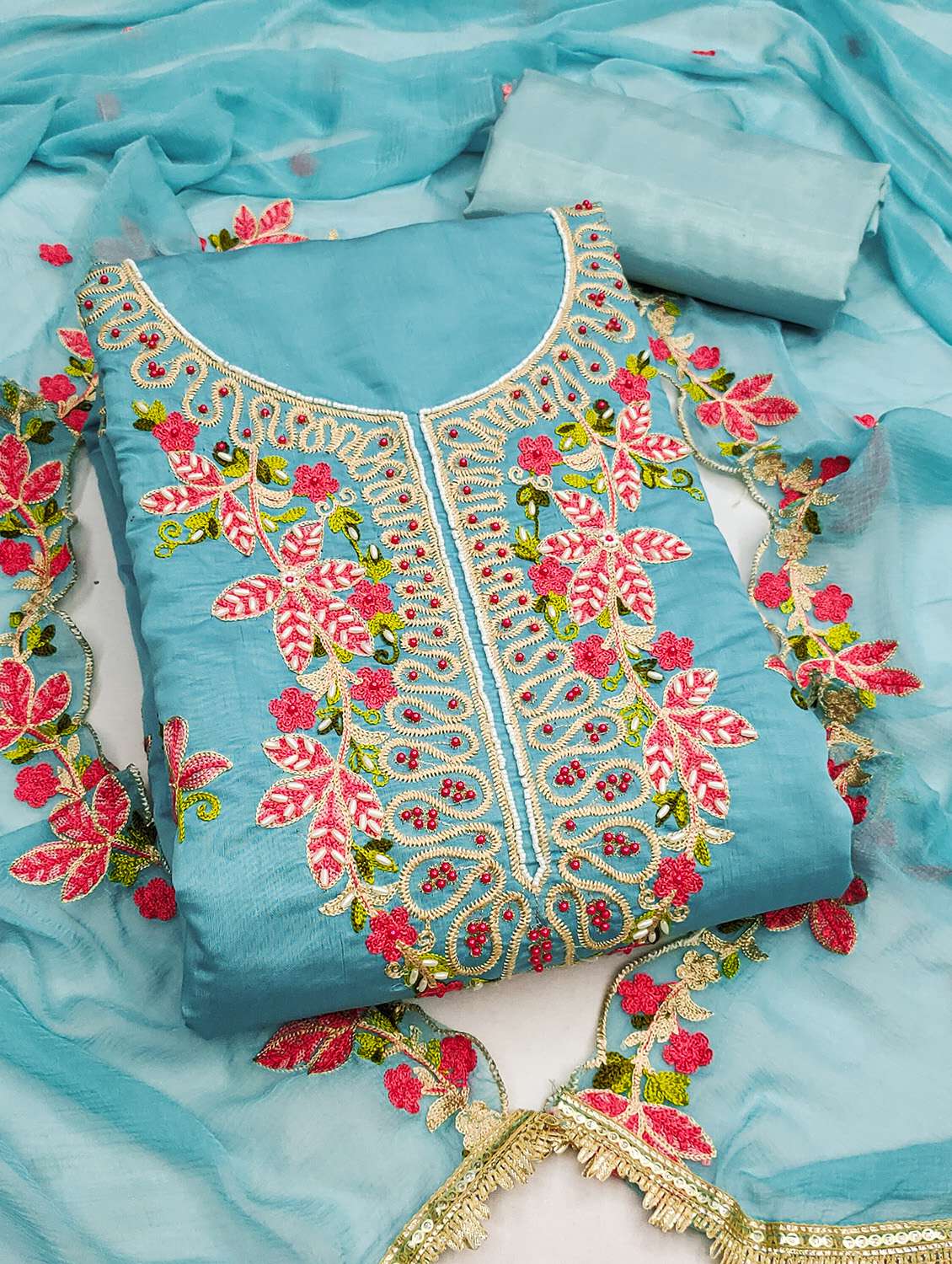 women solid with work unstitched suit set