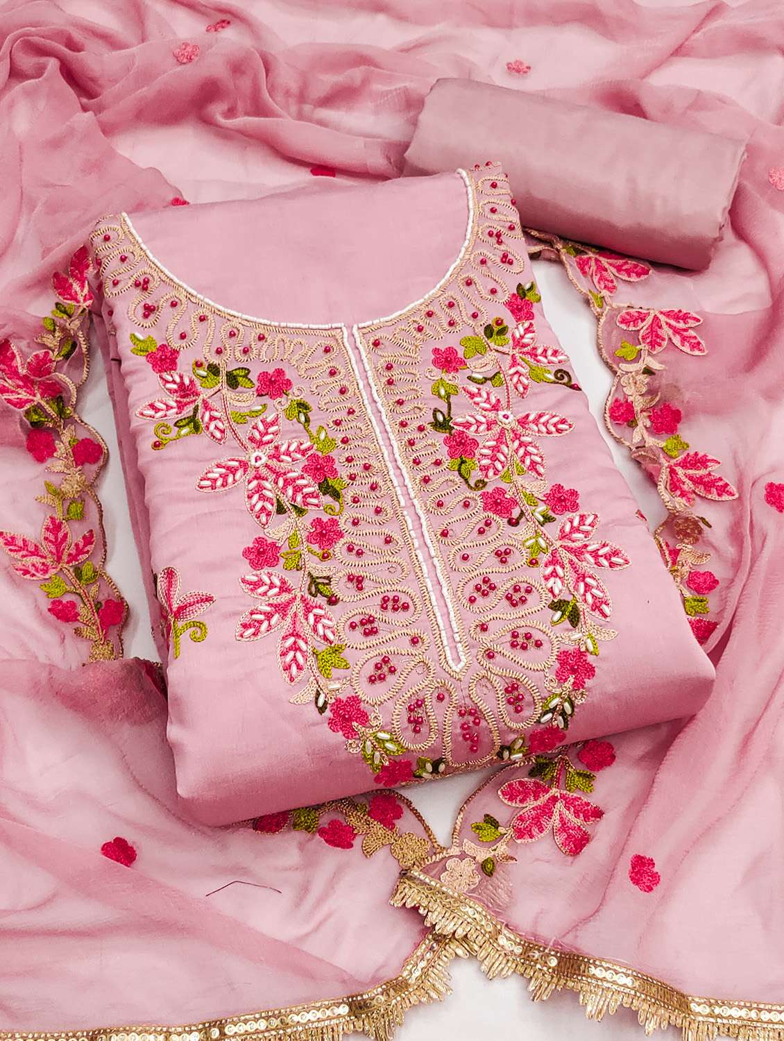 women solid with work unstitched suit set