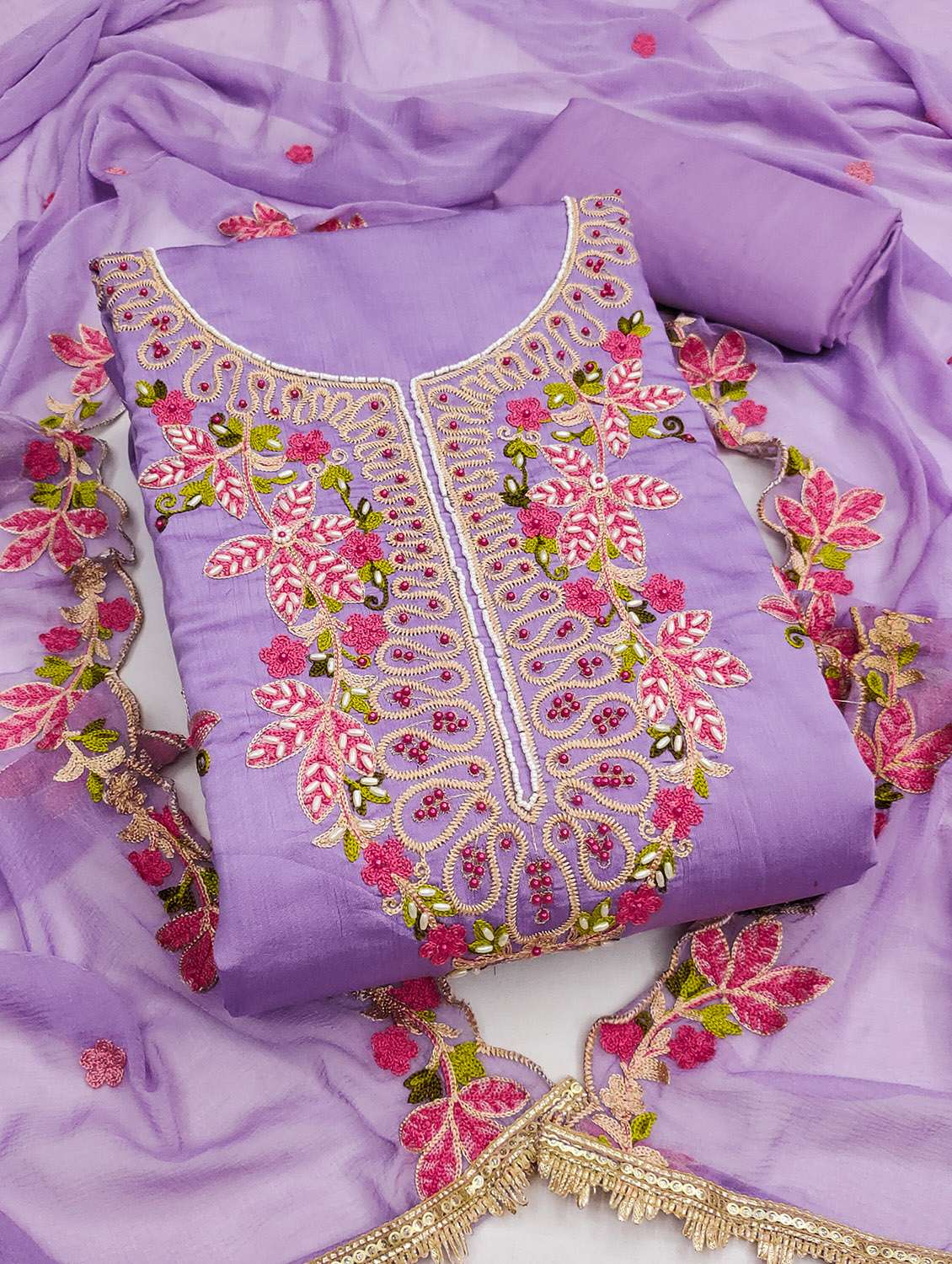 women solid with work unstitched suit set