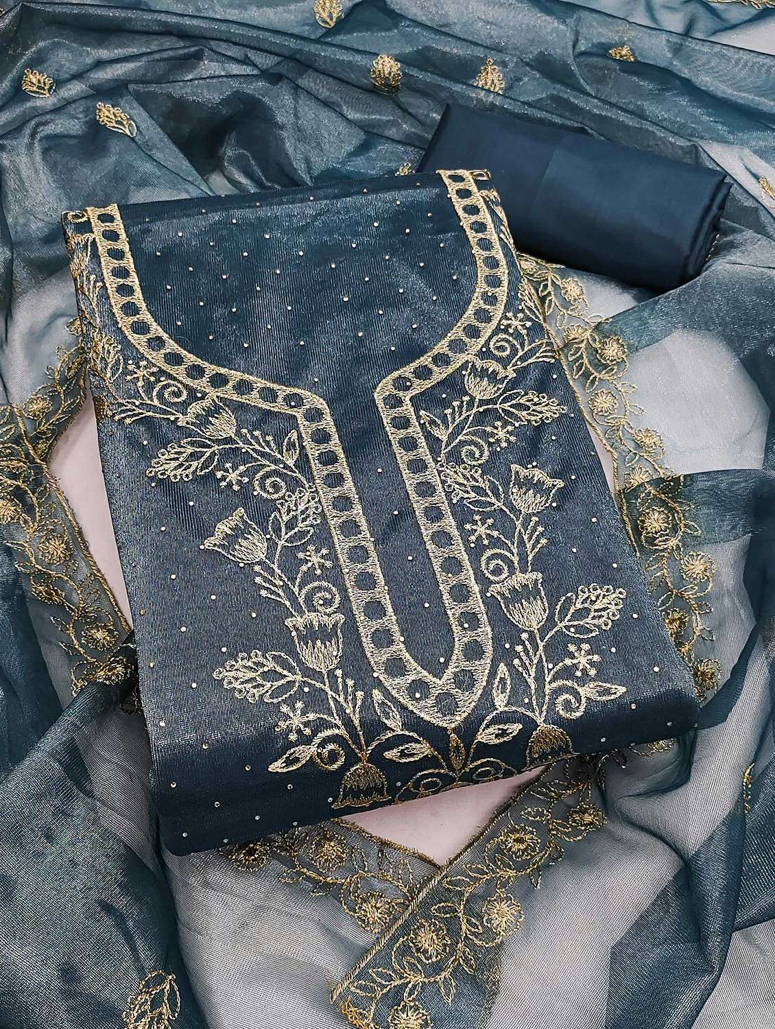 women solid with work unstitched suit set