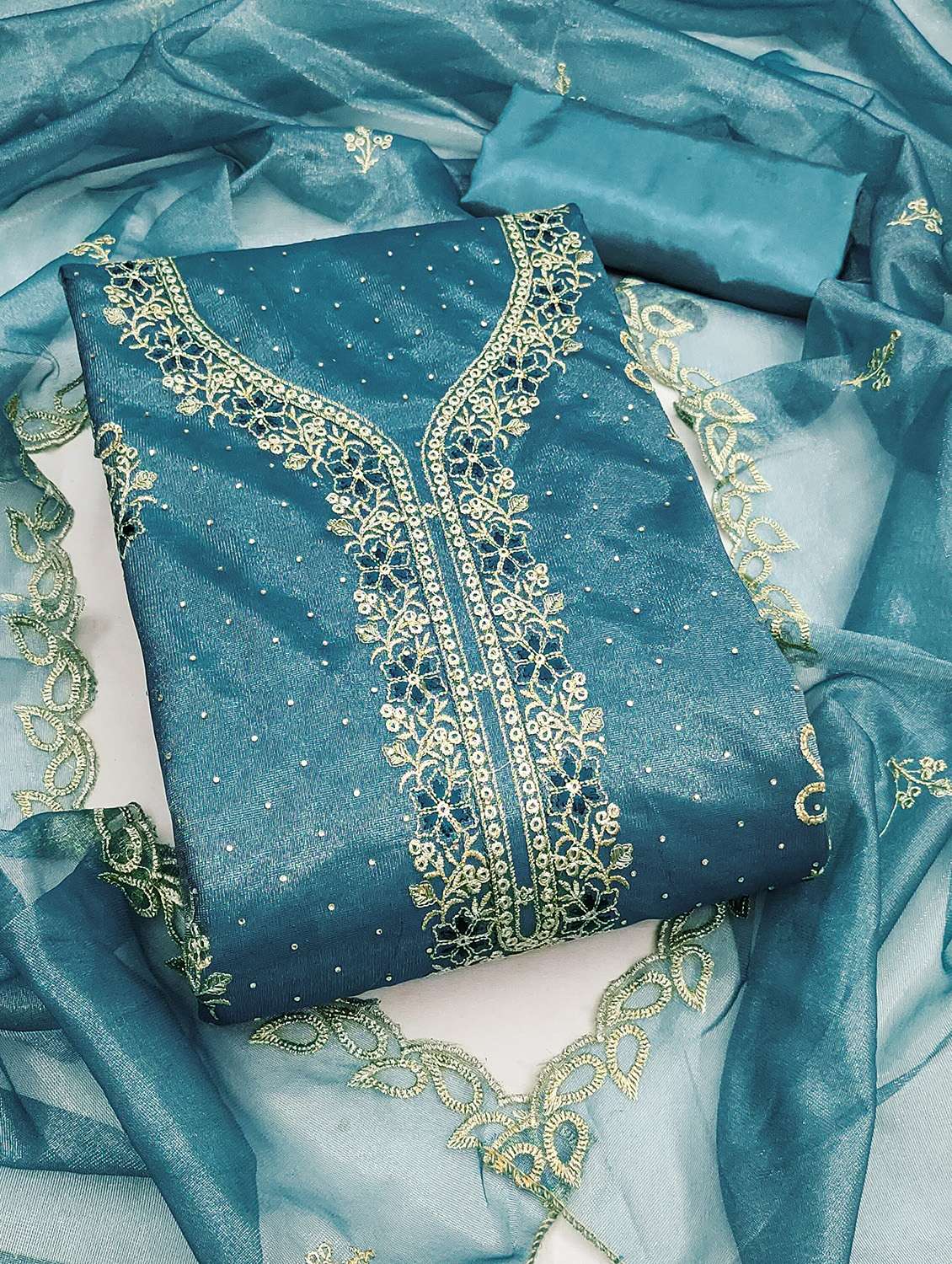 women solid with work unstitched suit set