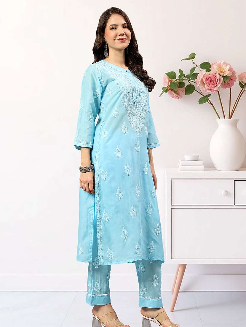 women chikankari three quarter sleeve kurta pant set - 22432118 -  Standard Image - 3