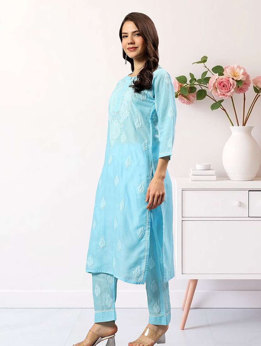women chikankari three quarter sleeve kurta pant set - 22432118 -  Standard Image - 5