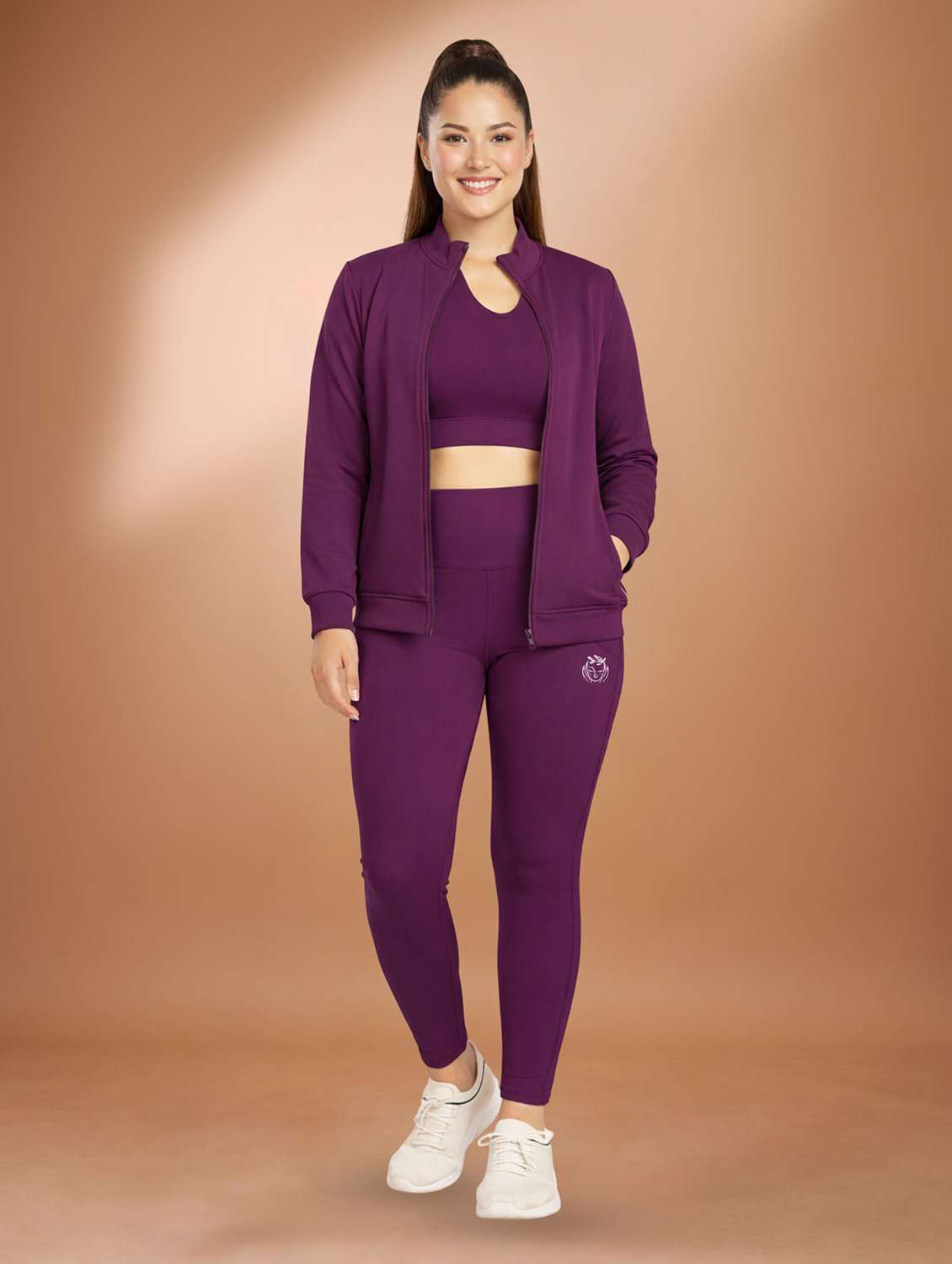 women purple polyester active wear set - co-ords