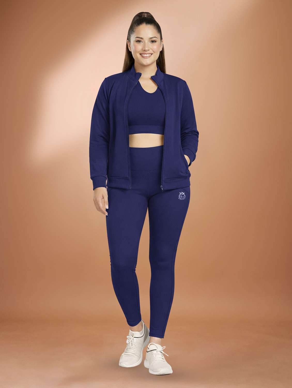 women solid polyester jacket and leggings active wear