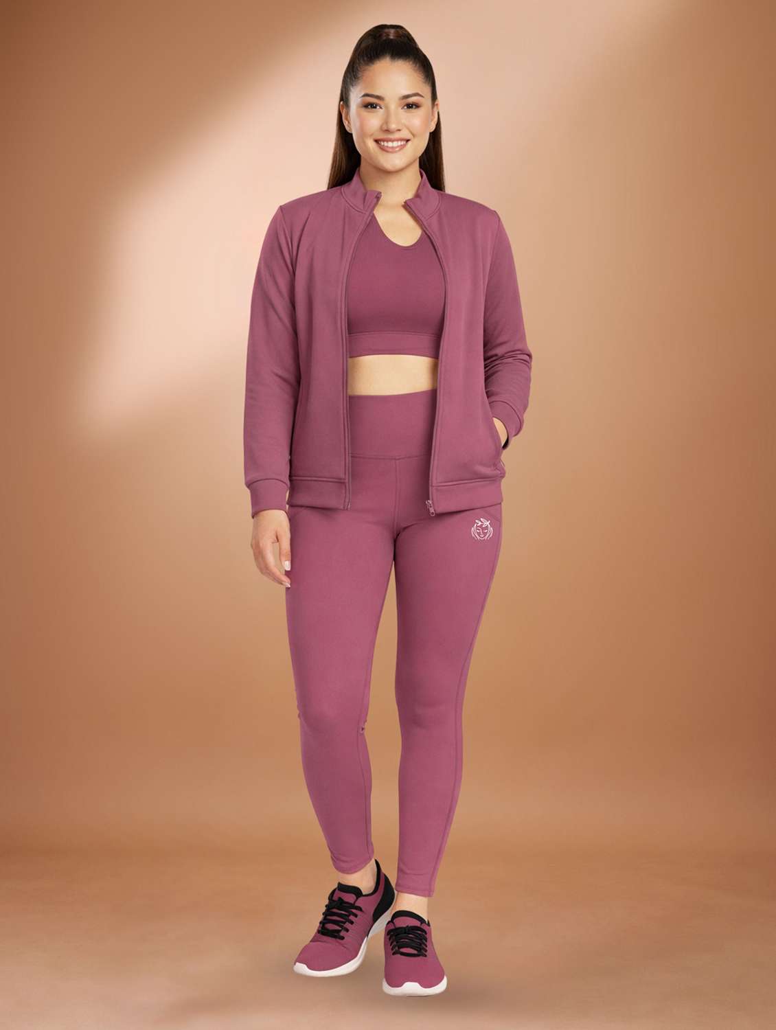 women purple polyester solids active wear set