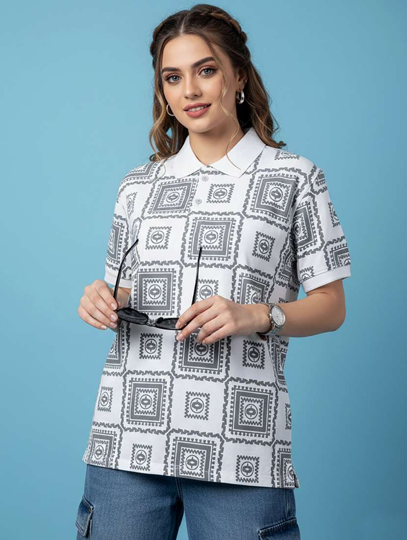 women printed short sleeve oversized polo t-shirt