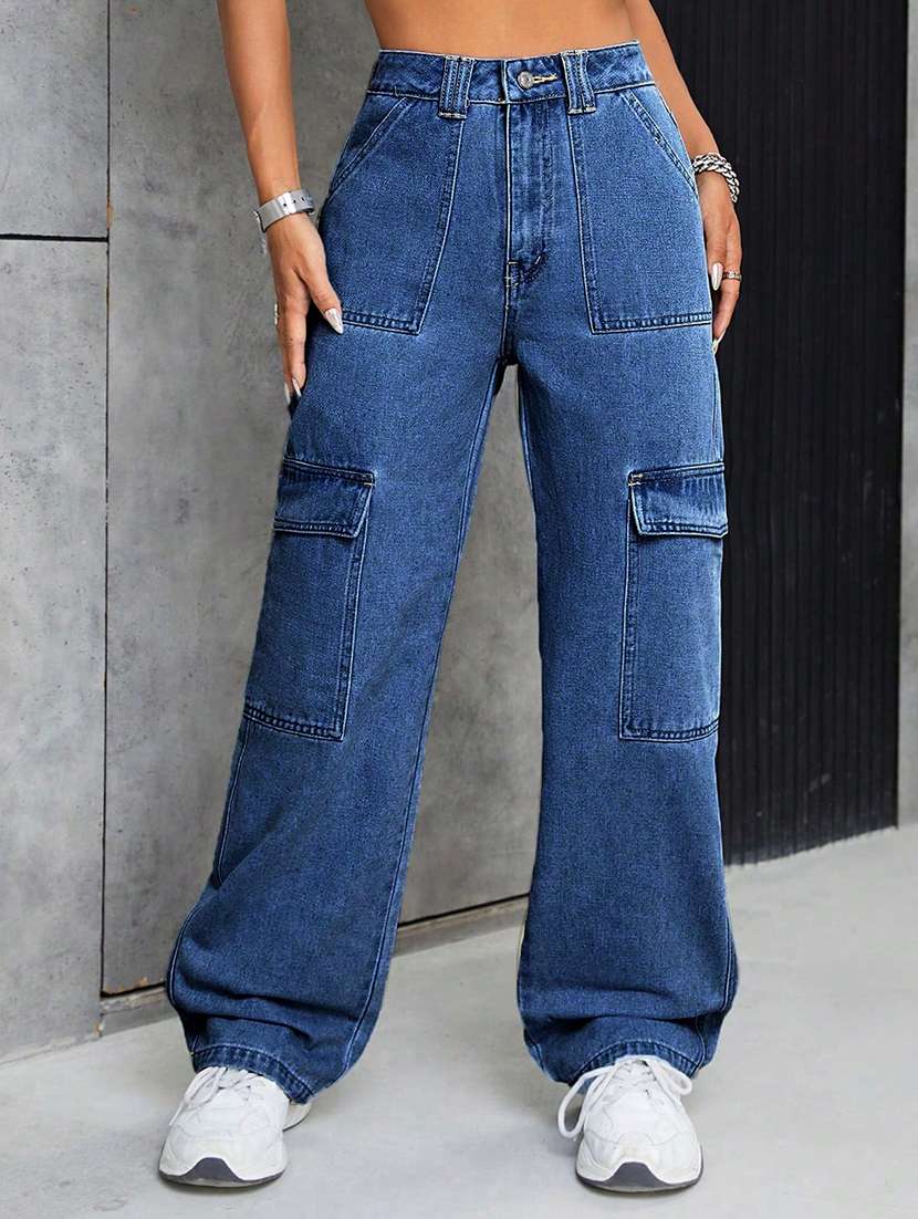 women solid high rise denim cargo