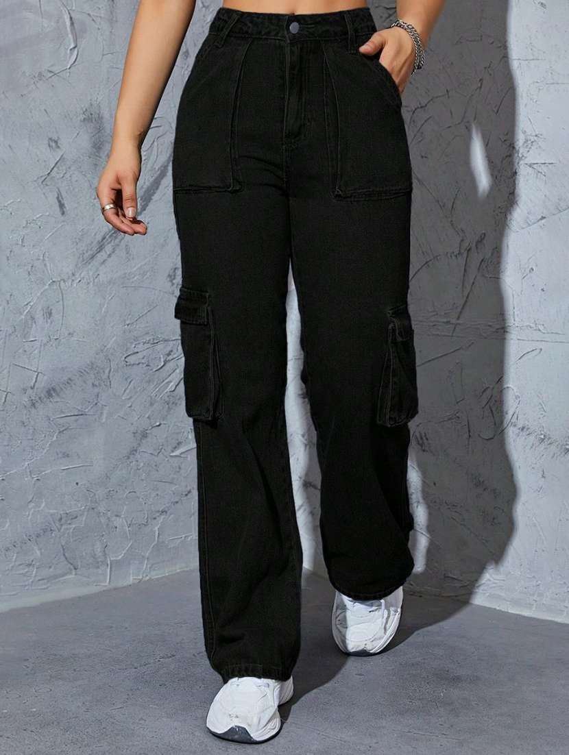 women solid high rise denim cargo