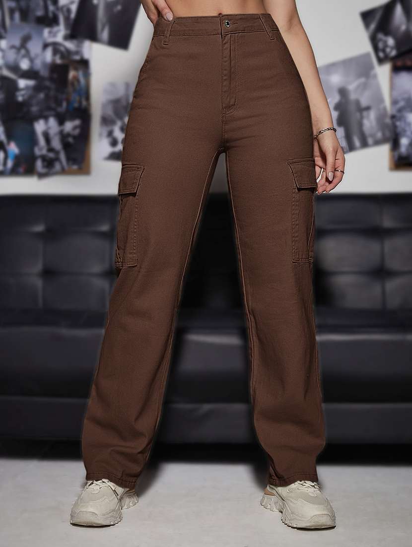 women solid high rise denim cargo