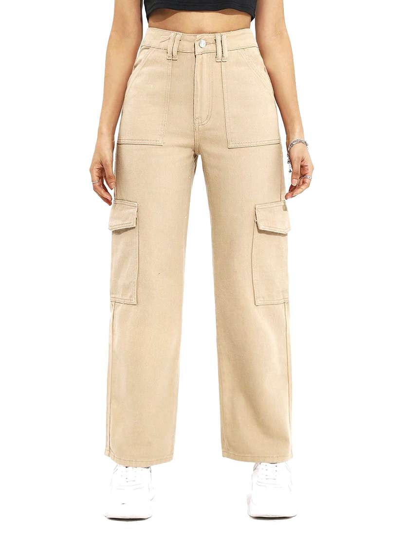 women solid high rise denim cargo
