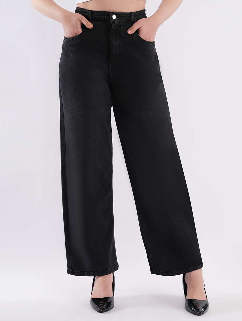 women solid high rise wide leg jean