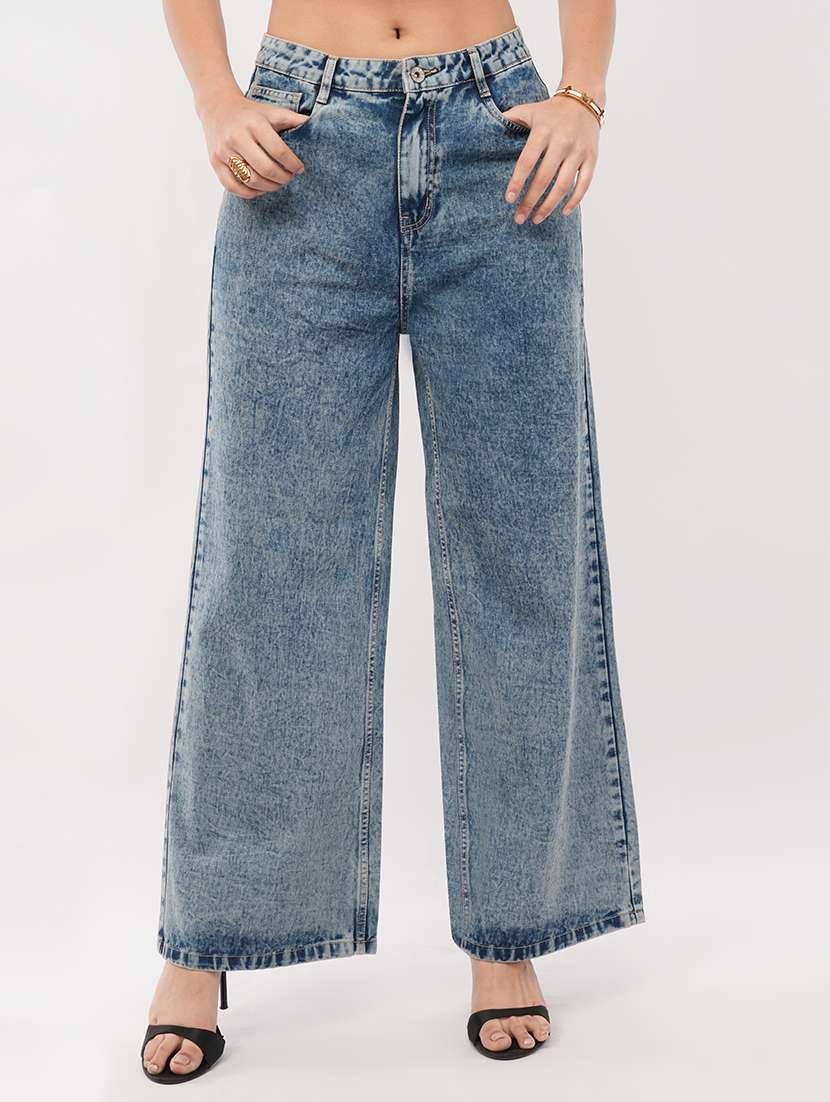 women solid high rise wide leg jean
