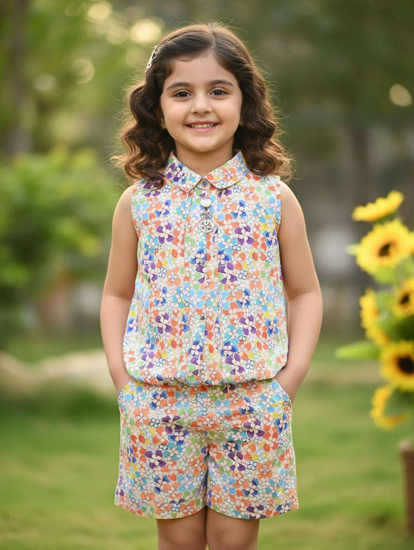 girls floral printed sleeveless top and shorts co-ord set