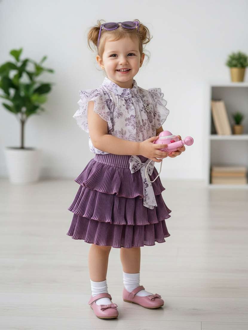 girls printed short sleeves top and skirt set