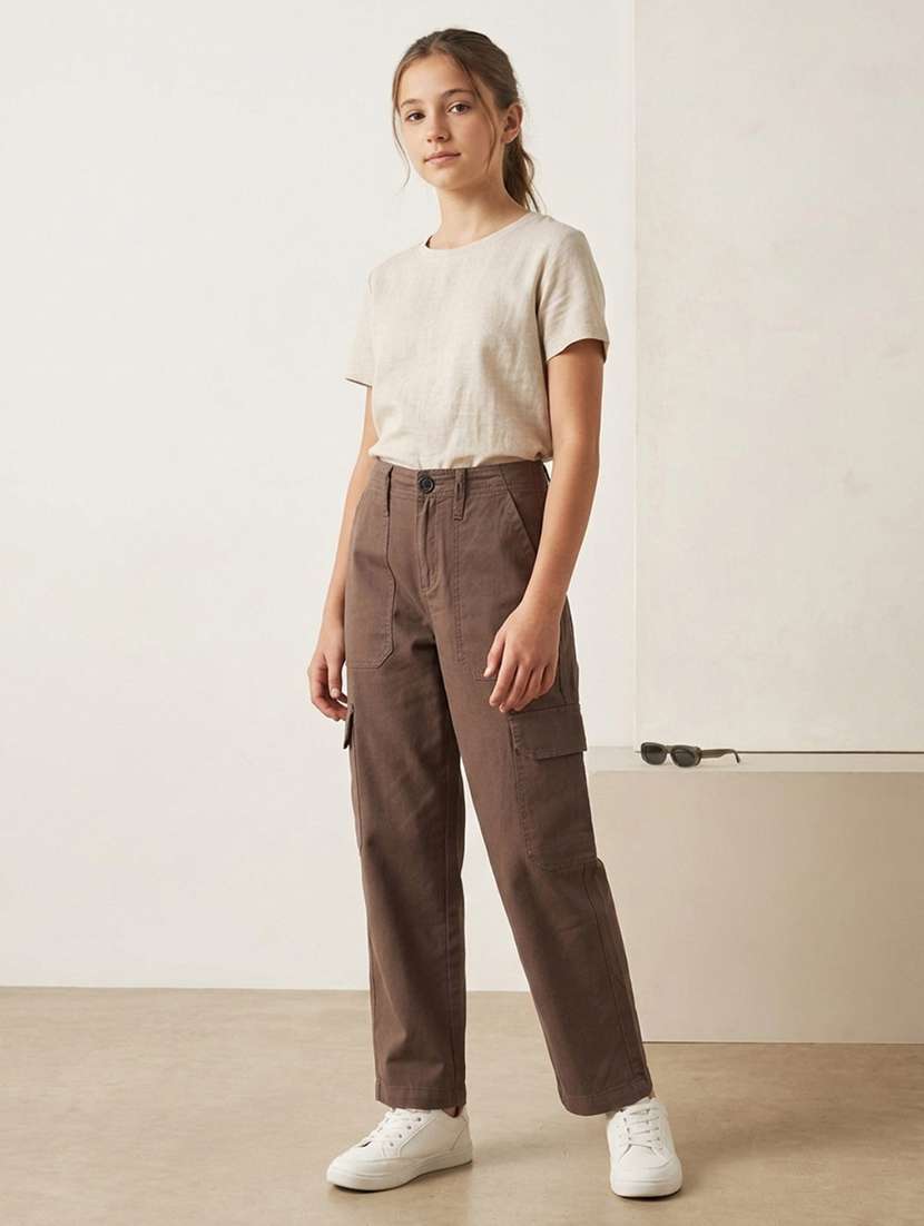 girls solid mid rise cargo pant