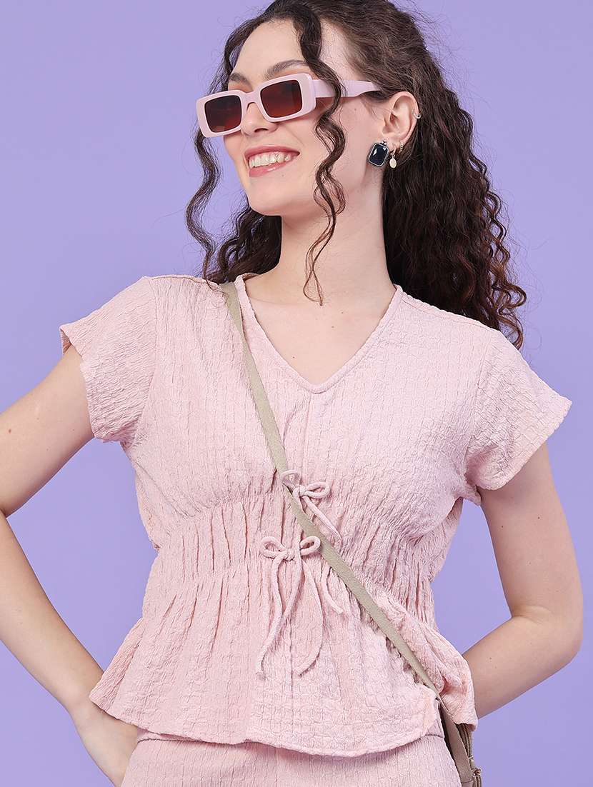 women self design v neck top and trouser co-ord set