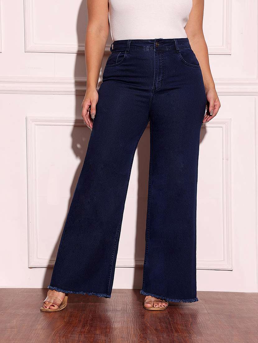 women solid high rise wide leg jeans
