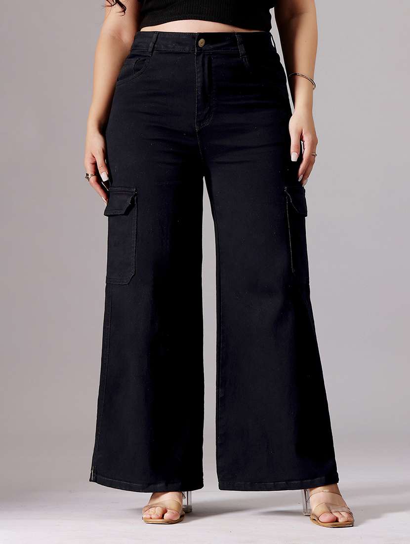 women solid high rise wide leg jeans