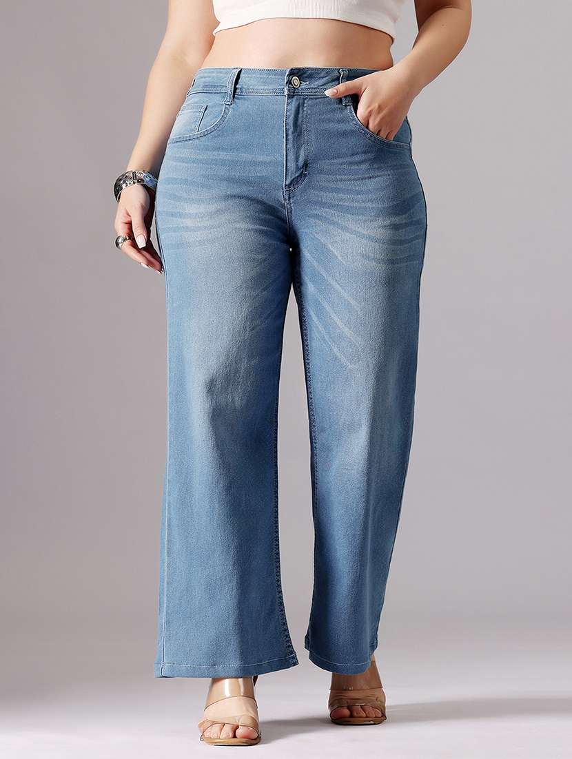women solid high rise wide leg jeans