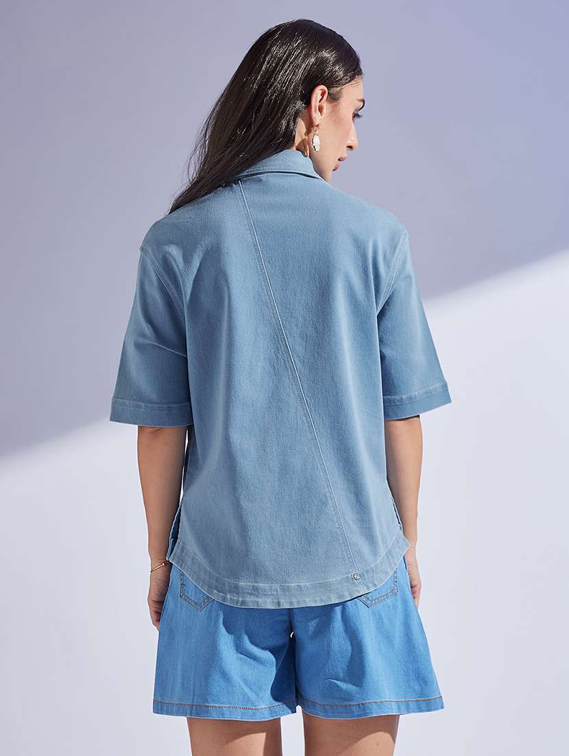 women solid collared short sleeve denim shirt - 22433469 -  Standard Image - 3