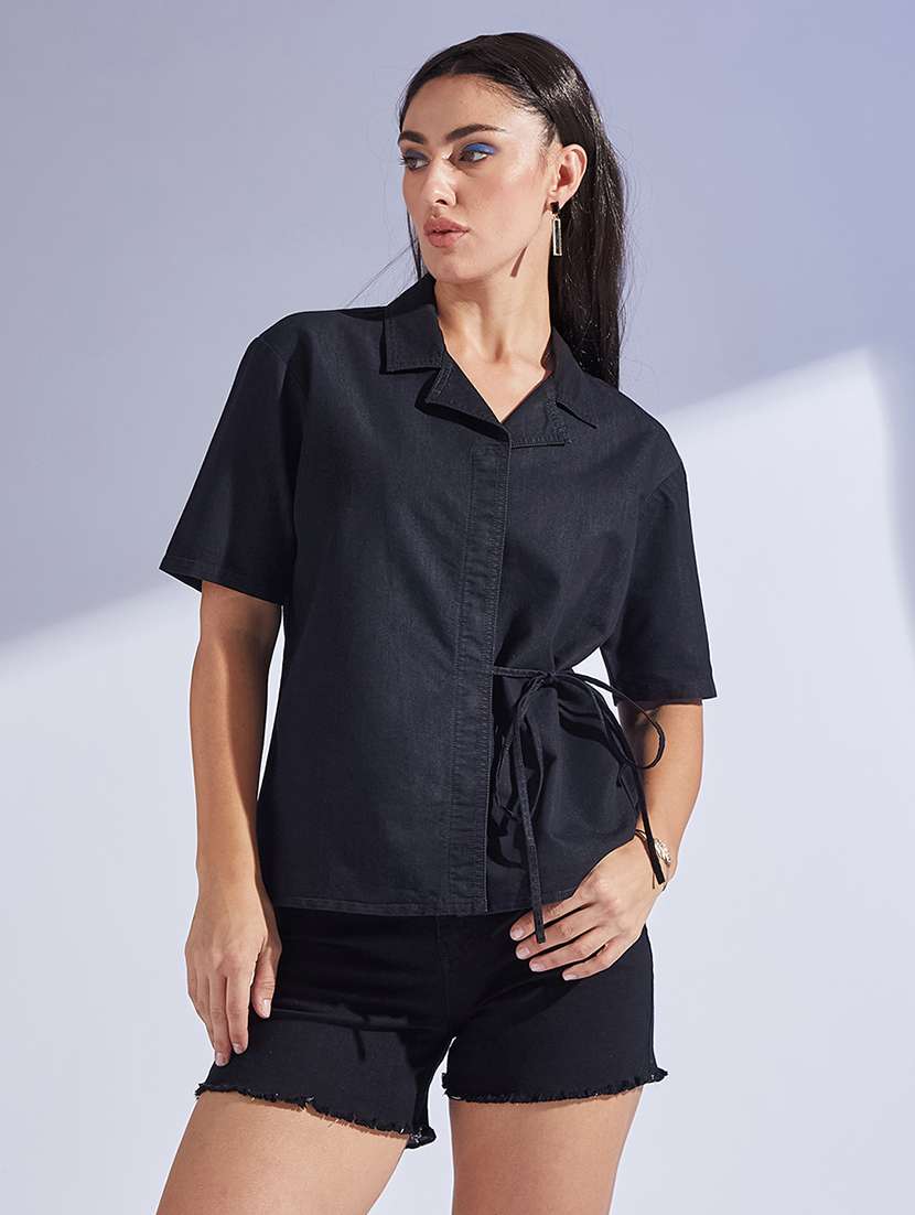 women solid lapel collar short sleeve shirt
