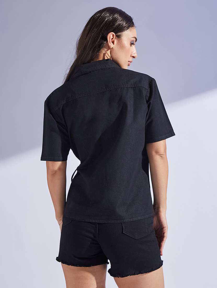 women solid lapel collar short sleeve shirt - 22433470 -  Standard Image - 3